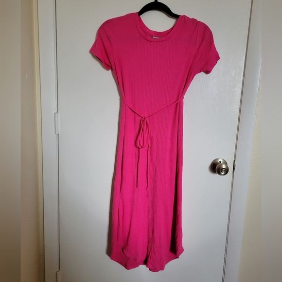 Anthropologie Saturday Sunday Addy Ribbed Midi Dress Belted Waist Tie Pink - Picture 2 of 5